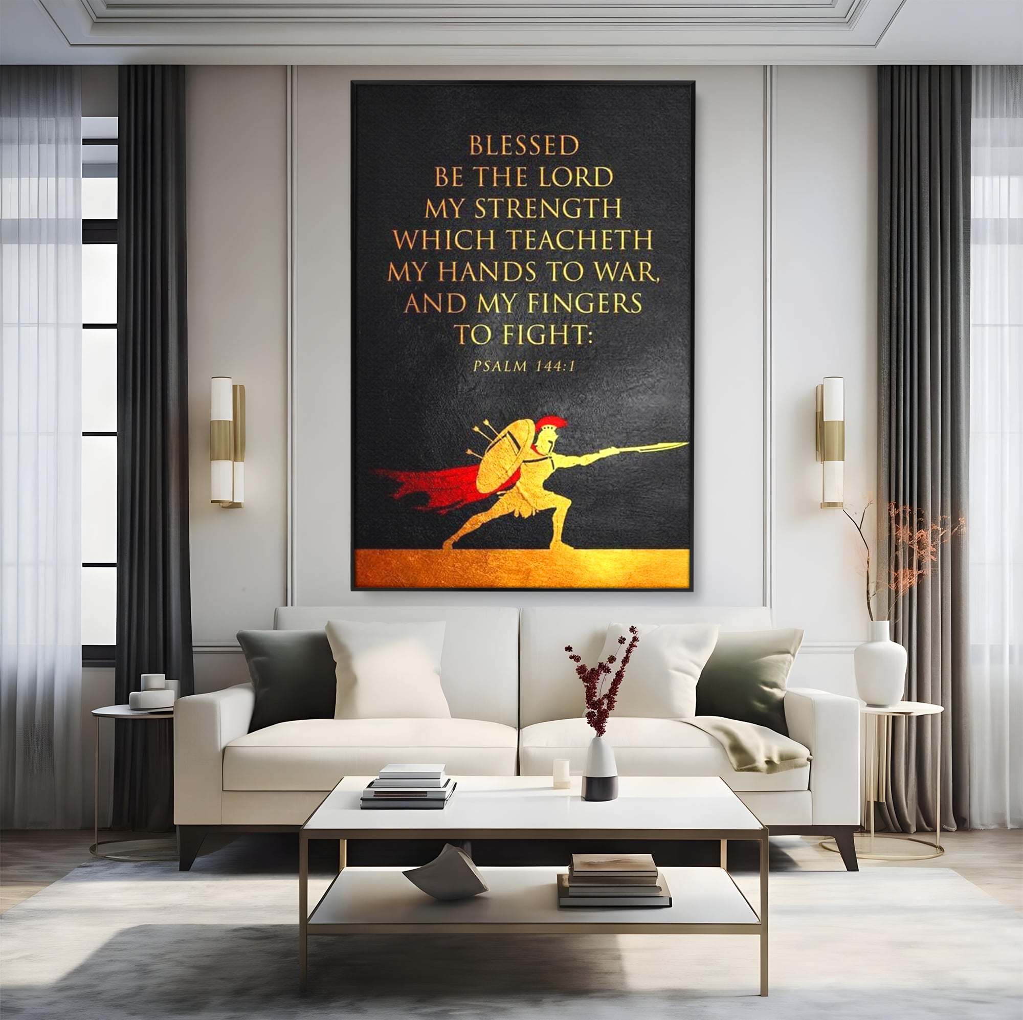 Tablou canvas cu tablou canvas cu razboinic antic si verset, in rama de aluminiu negru, pe perete intr-un living